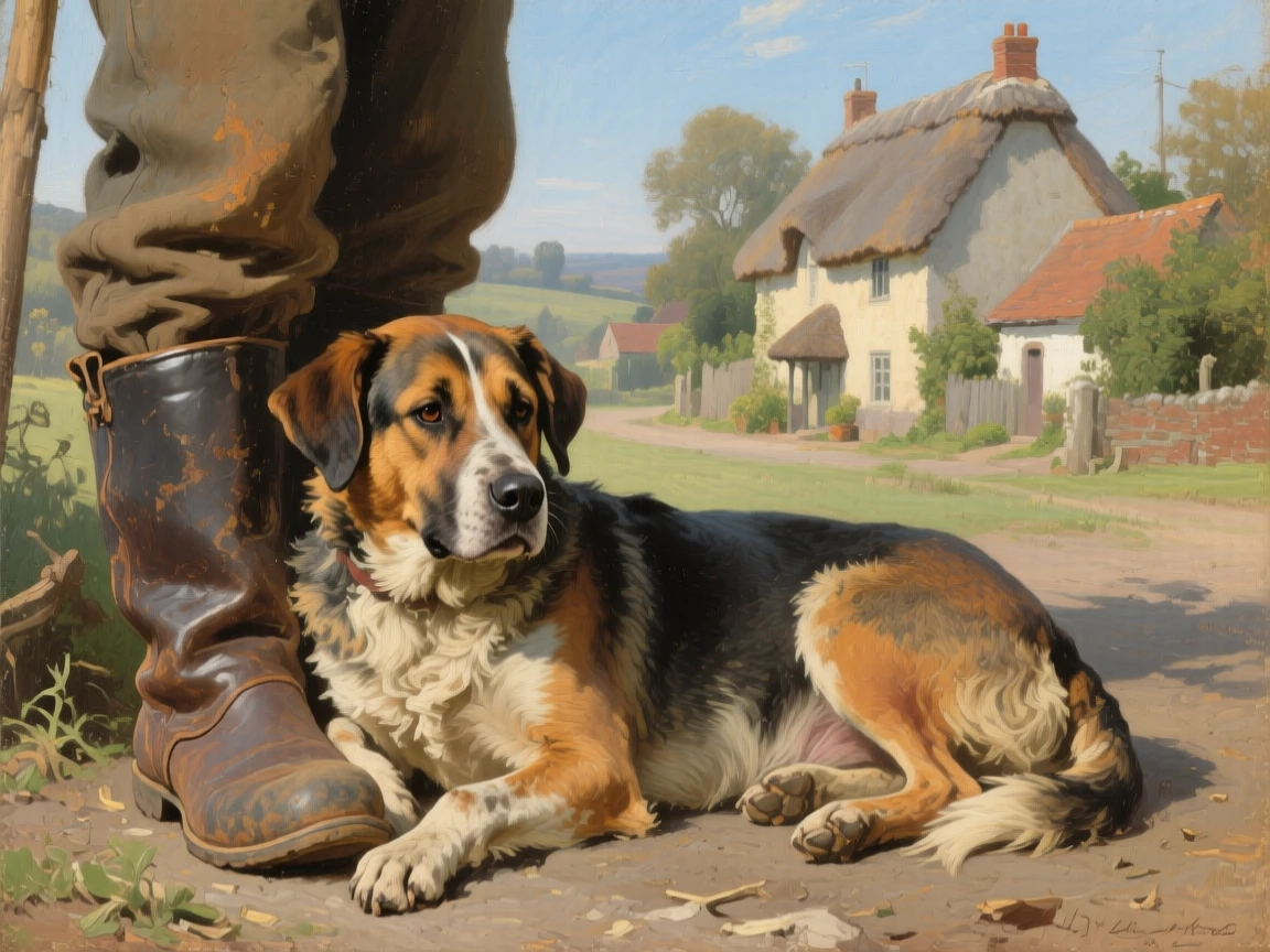 A detailed close shot of a farmer's dog resting at his feet during a break from work, under a clear blue sky, in a small English village.