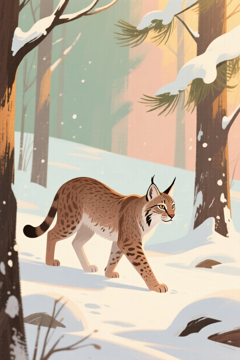 A lynx prowling silently through a snowy pine forest
