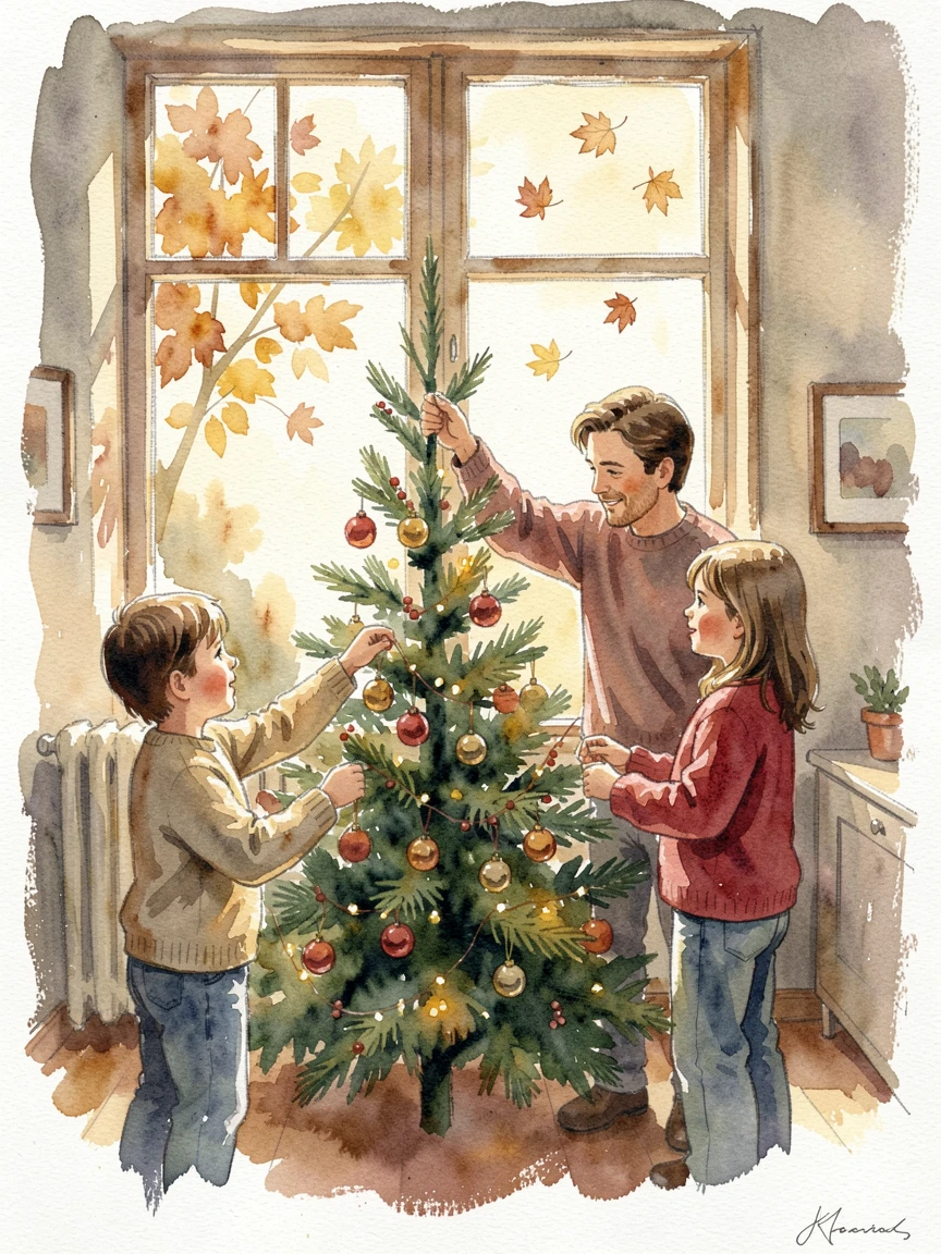 A family decorating a Christmas tree together as golden autumn leaves drift in the breeze.