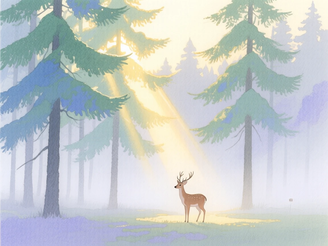 A misty pine forest at dawn with sunbeams breaking through the canopy and a small deer standing in a clearing