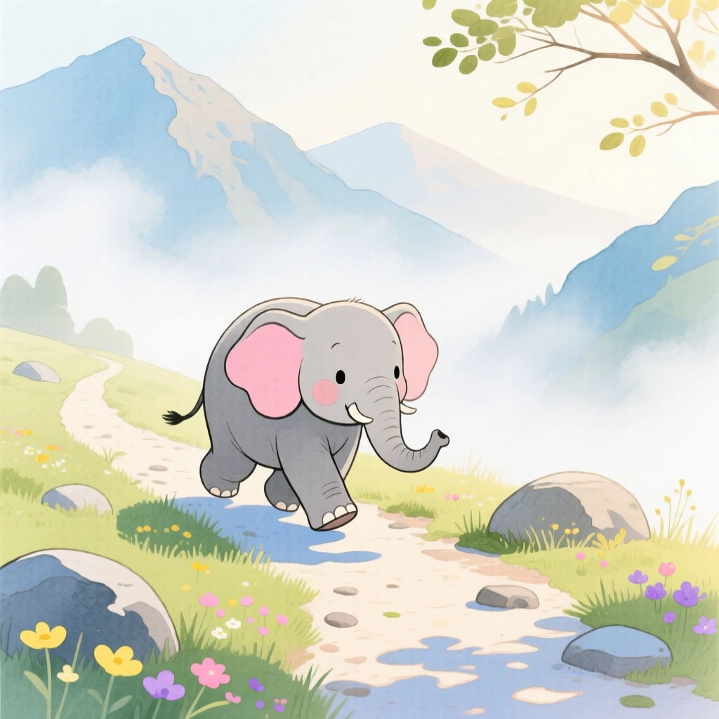 A wobbly baby elephant exploring a misty mountain trail on a warm summer day.