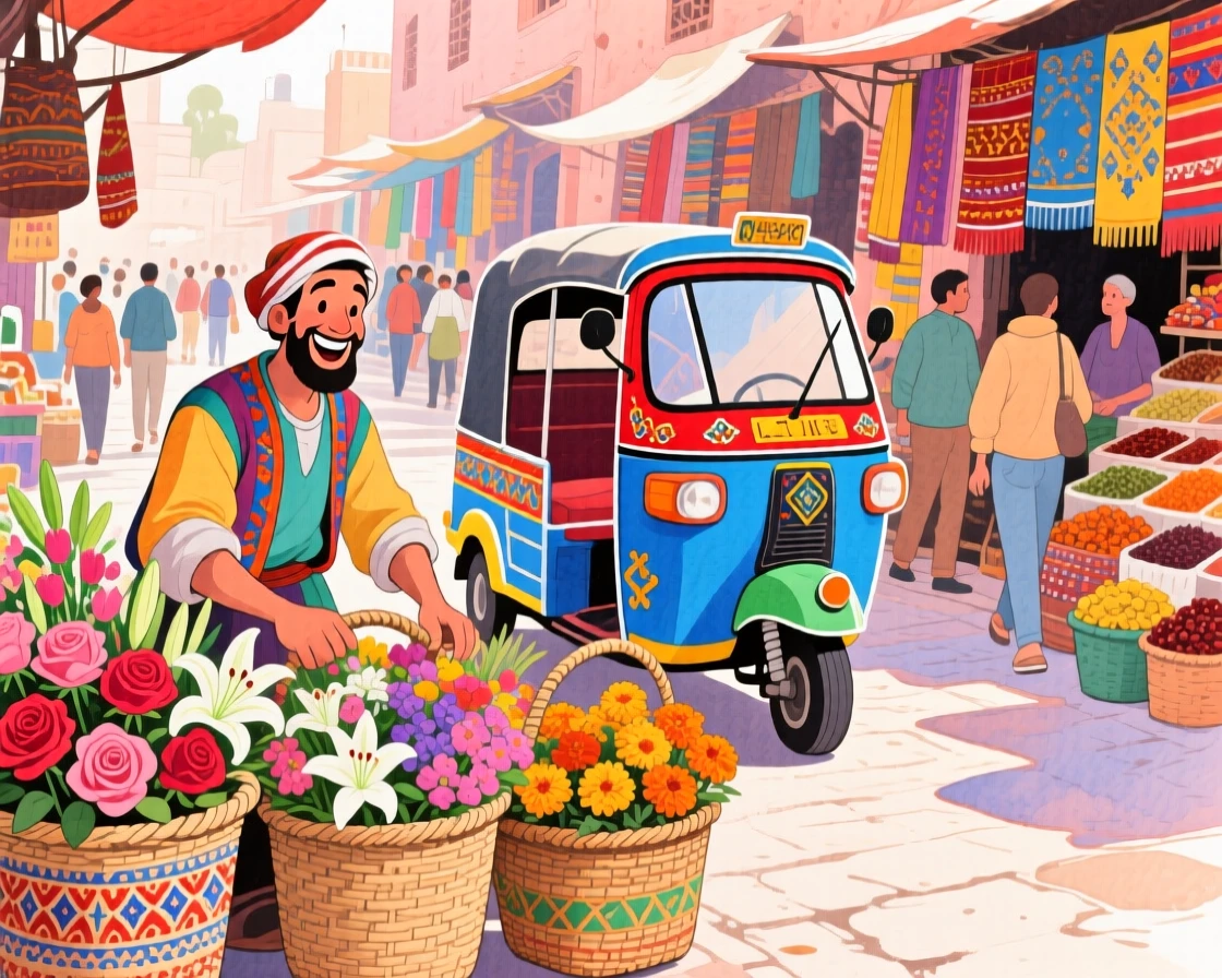 A local vendor arranges baskets of fresh flowers amid a colorful tuk-tuk weaving through Marrakech's markets, evoking wanderlust and adventure.