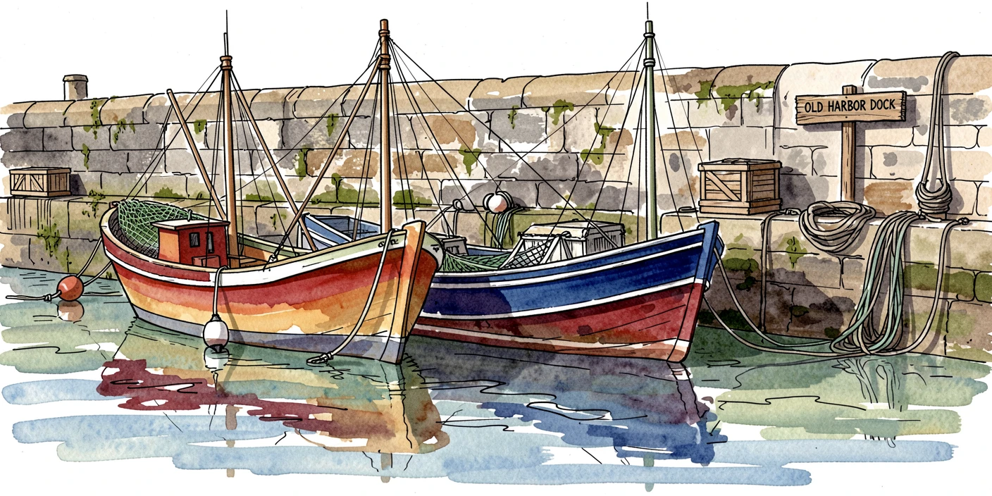 A row of colorful fishing boats moored along a quiet harbor wall, the scene rich with texture and quiet character.
