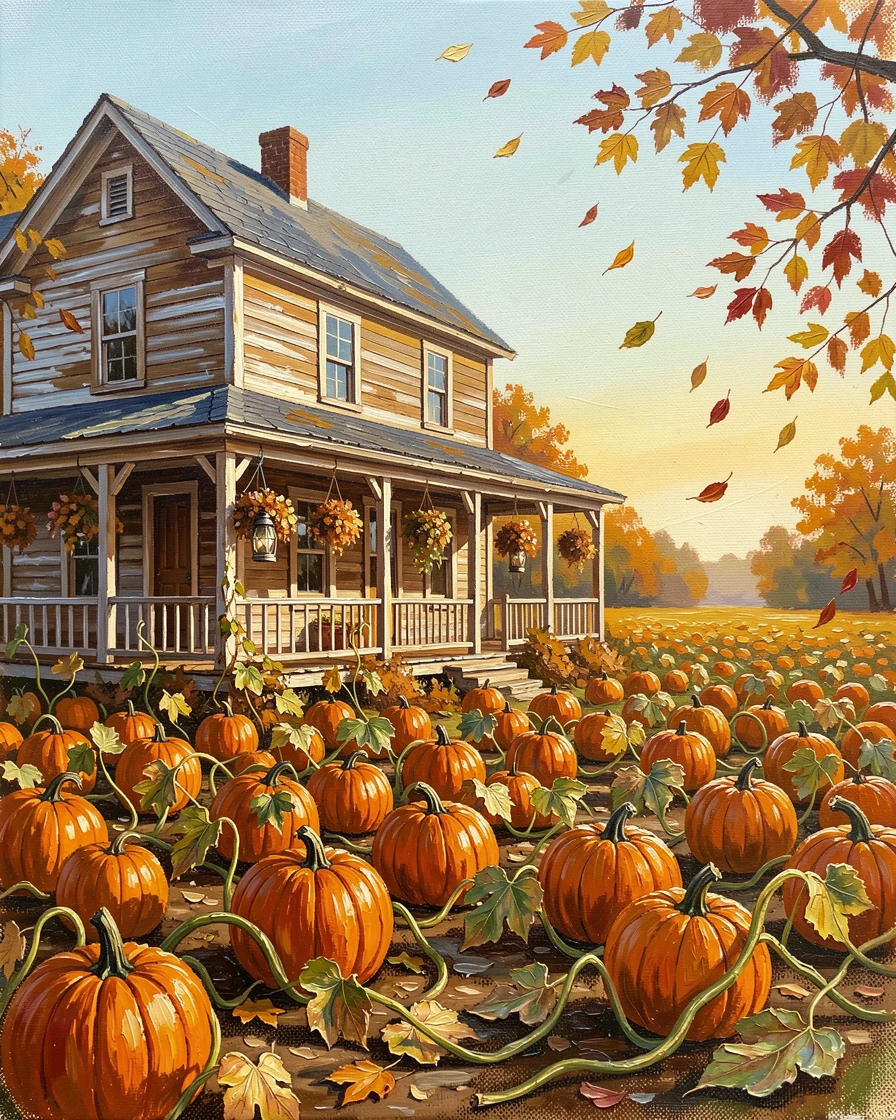 Beside a rustic farmhouse with a wraparound porch, a pumpkin patch under a crisp autumn sky, leaves drifting slowly to the ground, beneath a crisp, clear autumn sky.