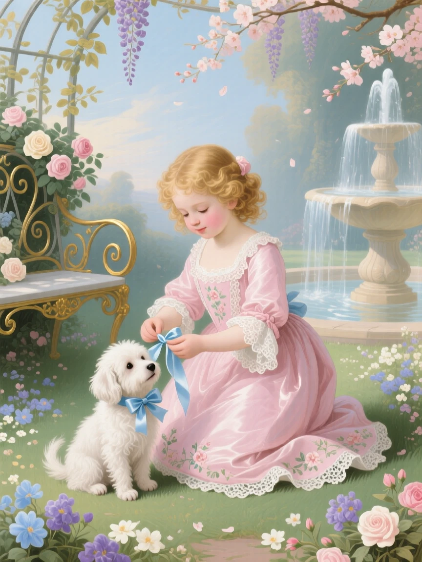 A little girl giving her puppy a ribbon bow  