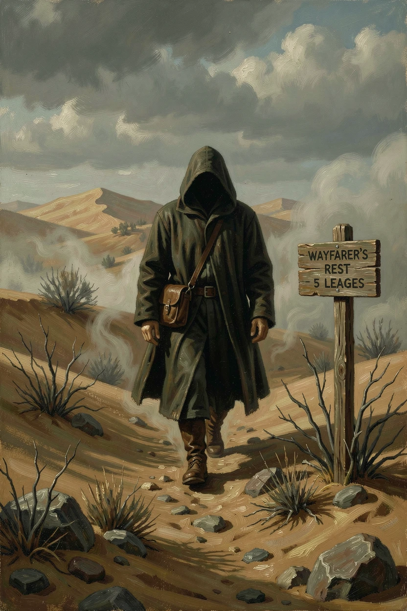 A mysterious cloaked traveler crossing a windswept, otherworldly desert, as swirling mist and atmosphere add mystery to the scene, designed to captivate the imagination while feeling grounded in realism