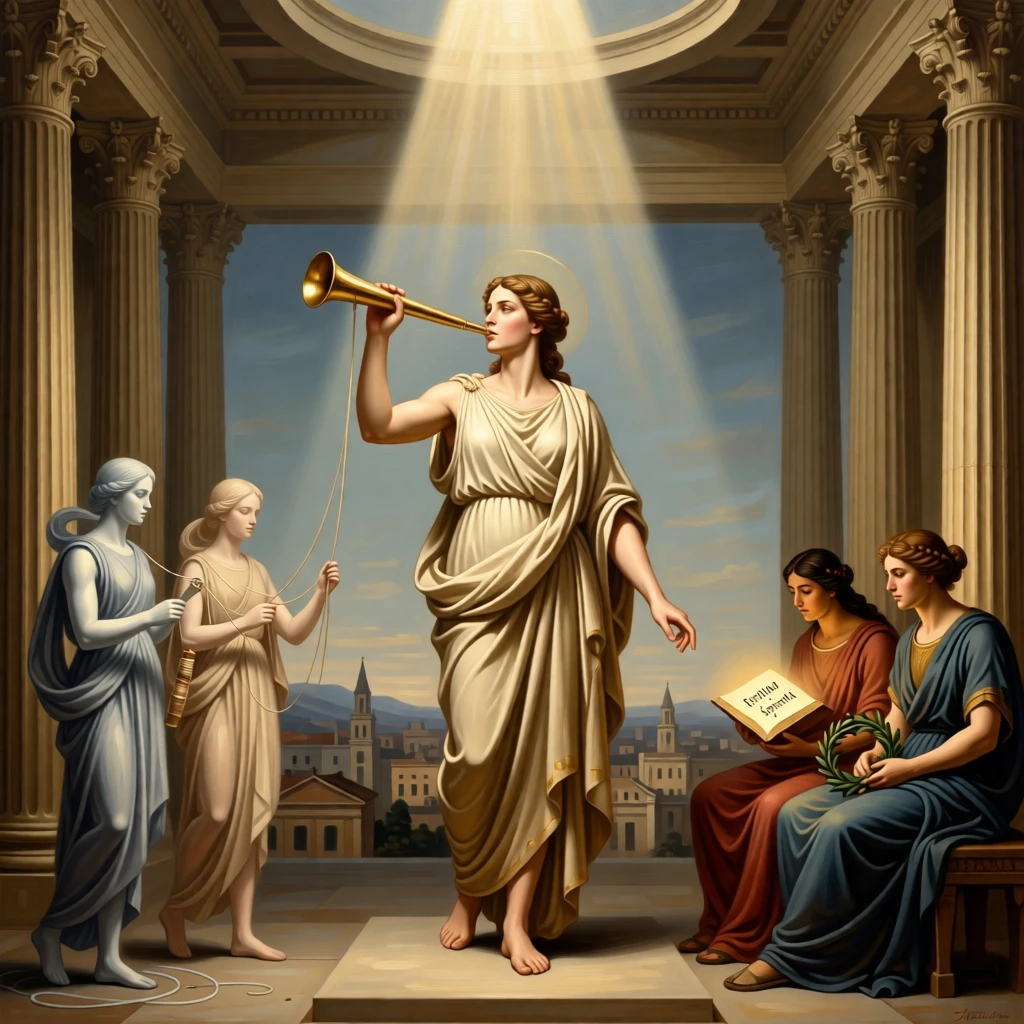 A figure of Fame sounding her trumpet over a sleeping city as unseen forces of fate quietly converge, set within a classical temple open to the heavens, with a single ray of light illuminating the central symbolic gesture; the composition balances opposing symbolic elements on either side of the central figure, evoking profound meditation on fate, virtue, and the human condition.