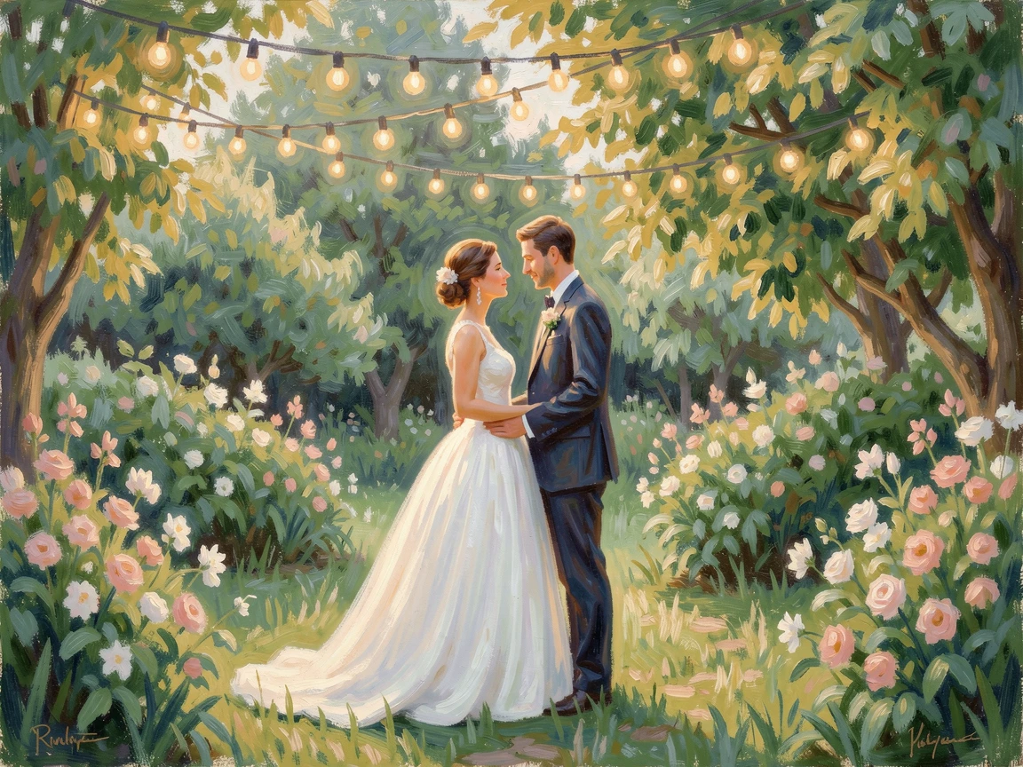 A bride and groom sharing a quiet moment beneath a canopy of string lights at their reception, in the lush green of midsummer, evoking timeless charm and quiet elegance.