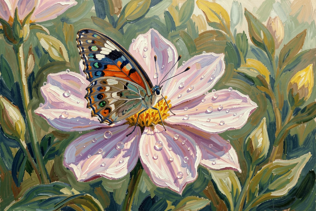 A butterfly resting on a dew-covered blossom in the soft light of early morning.