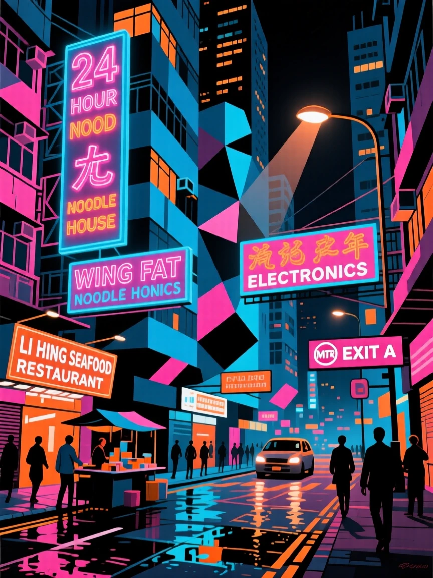 A bustling Hong Kong street lined with glowing neon signs after dark.