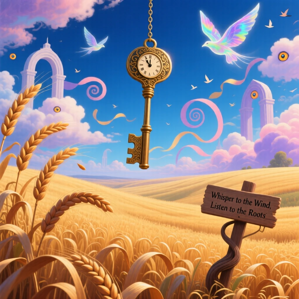A field of wheat that ripples in slow, deliberate spirals reaches upward as if trying to touch the passing clouds, while distant birdsong drifts faintly through the still air.