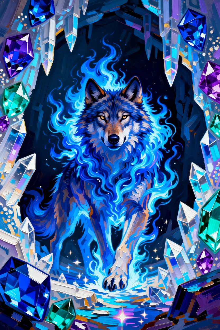 a wolf spirit wreathed in blue flame awakening within a crystal cavern lit by glowing gems