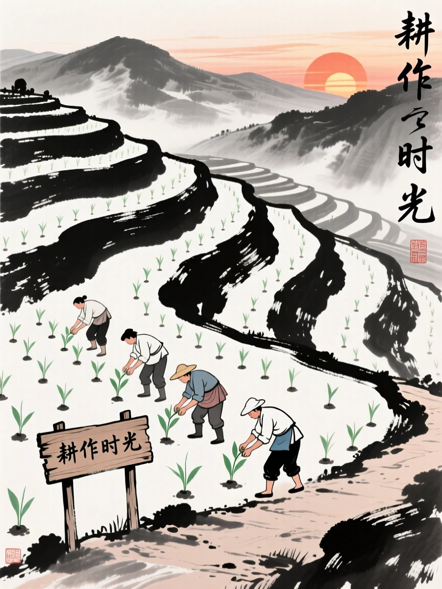 Workers plant seedlings in neat rows across a terraced hillside, as the sun begins to set behind distant hills.