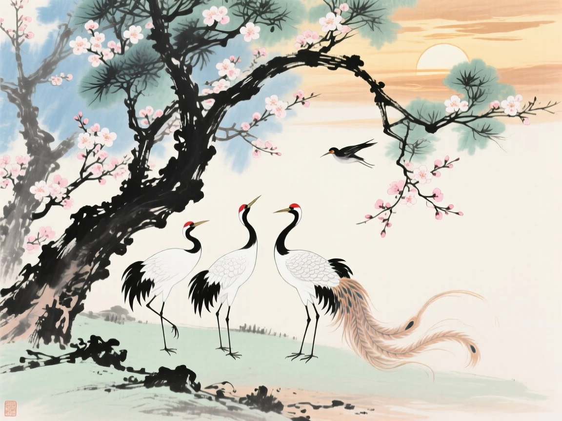 A heavenly garden where cranes and phoenixes gather beneath blossoming trees, in the last golden light of day, in a warm breeze carrying the scent of blossoms.