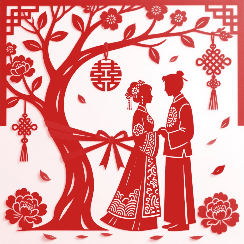 Newlyweds tying a red ribbon around a wishing tree branch, petals drifting gently around them.