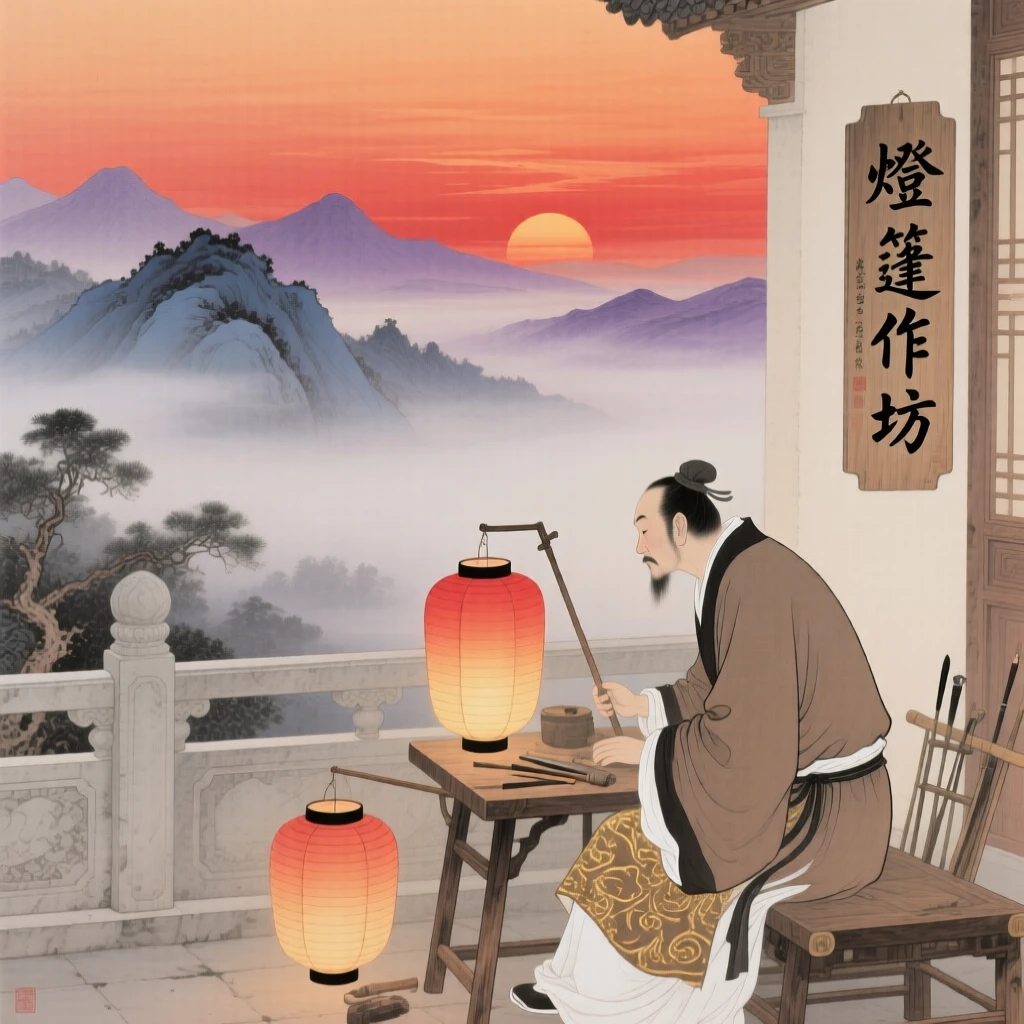 A lantern maker watching the sunset in quiet reflection on a terrace overlooking misty mountains