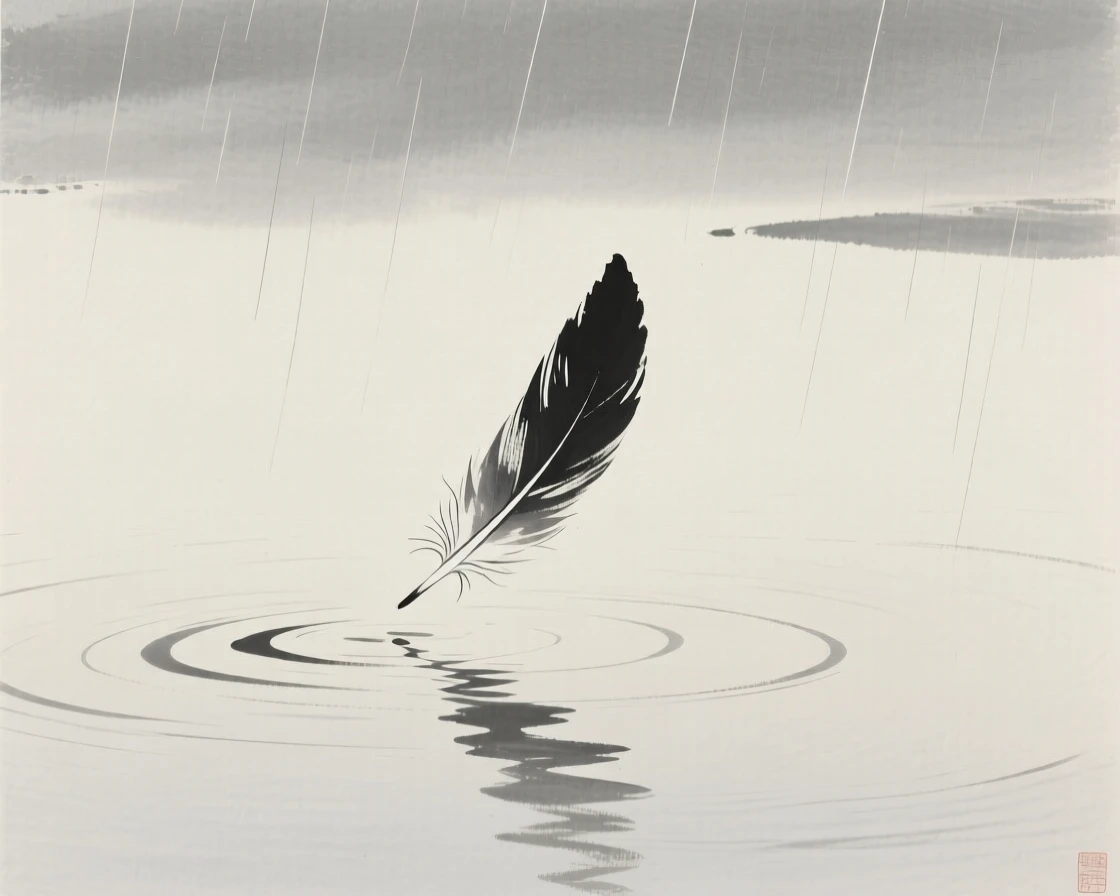 A single feather drifting down onto still water as gentle rain falls in the distance, balanced with a single small detail against a quiet backdrop, suggesting quiet longing and gentle stillness.