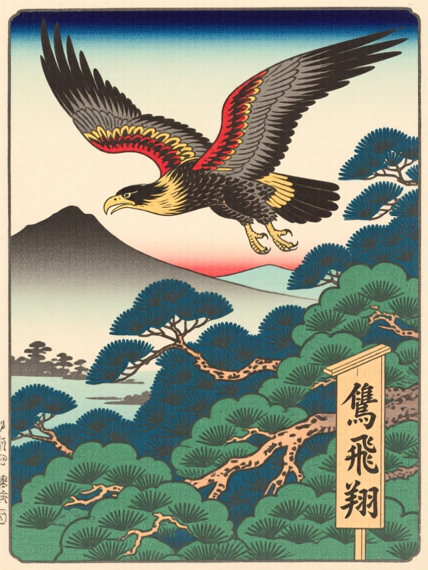 A soaring eagle emerging from dense evergreen underbrush.