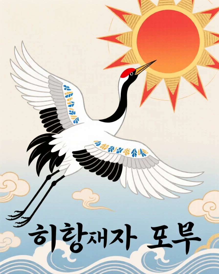 A single crane flying toward the rising sun, symbolizing hope and aspiration.