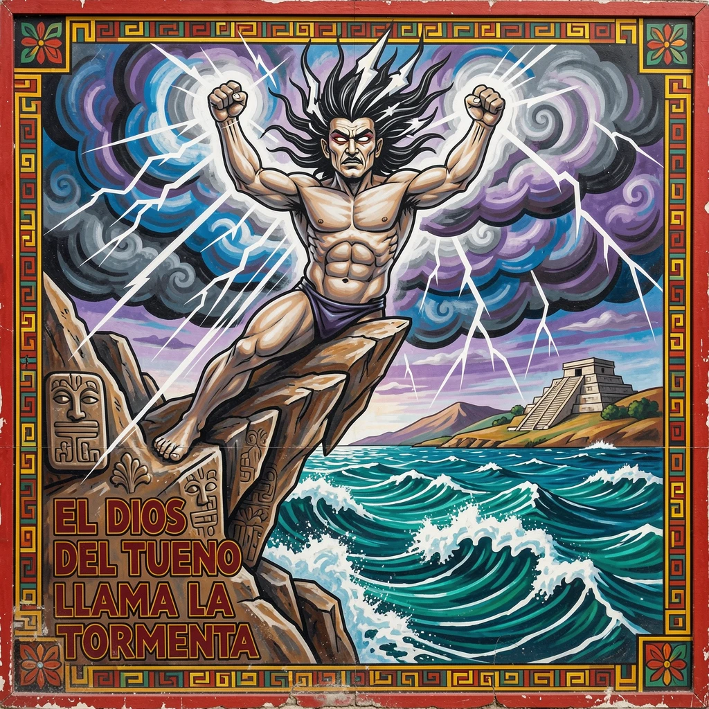 A thunder god summoning storm clouds over the sea