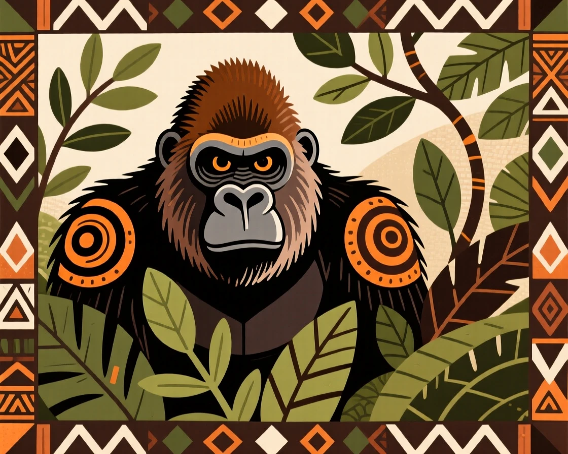 A gorilla peering out from thick foliage.