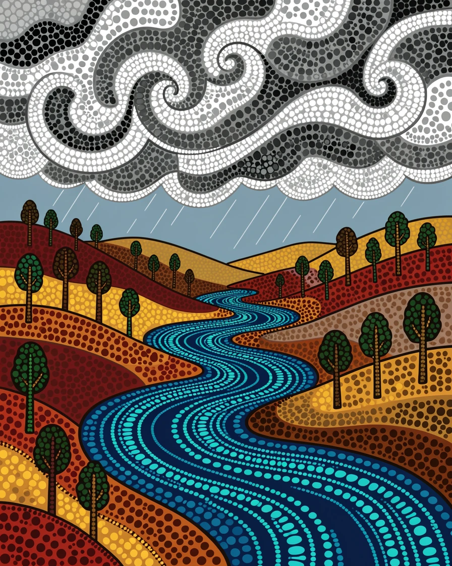 A tranquil river valley during a dramatic storm