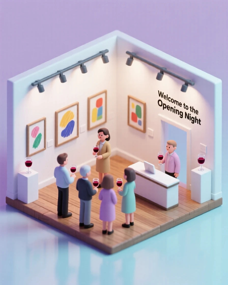 A charming art gallery opening with paintings displayed on white walls, guests sipping wine, and soft lighting overhead.