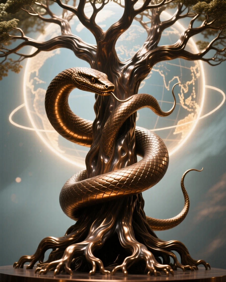 A celestial serpent wrapped around the world tree, bathed in ethereal, otherworldly glow, radiating awe and grandeur