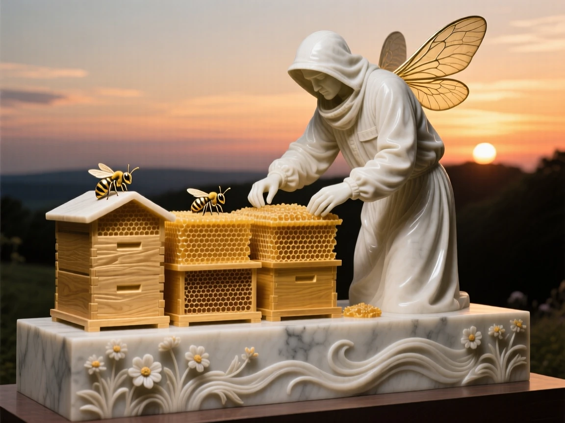 A beautifully composed image of a beekeeper tending golden hives at sunset, in a moment of quiet stillness, full of atmosphere and visual storytelling