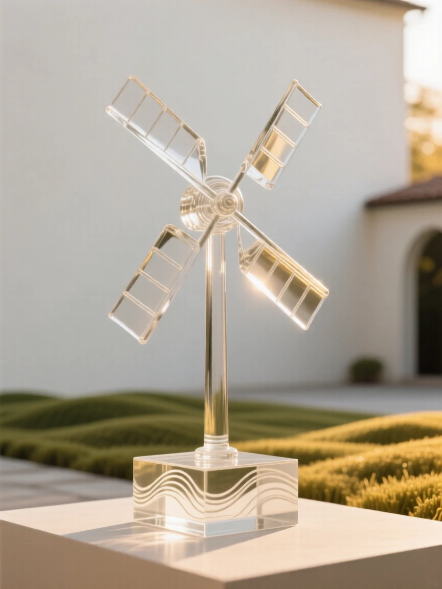 A windmill turning slowly against a backdrop of rolling fields as golden light spills across the surrounding courtyard