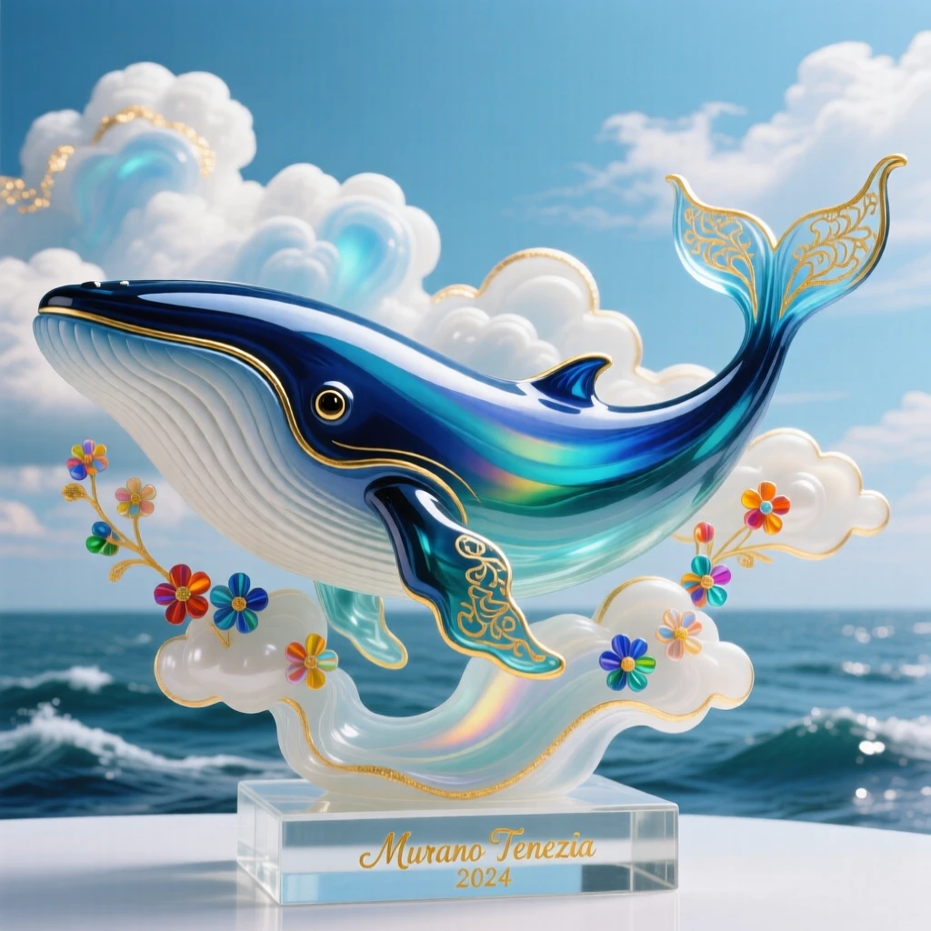 A whale swimming gracefully through a sky filled with clouds instead of ocean, whimsical and surreal.