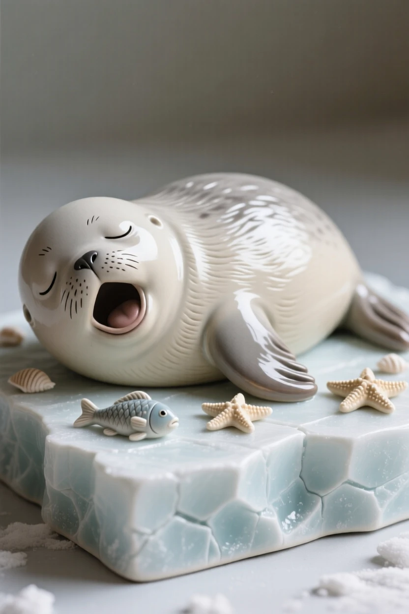 A plump baby seal resting on the ice captured mid-yawn in a sleepy, sweet moment, framed by a scattering of small playful props, conveying gentle warmth perfect for any family space.