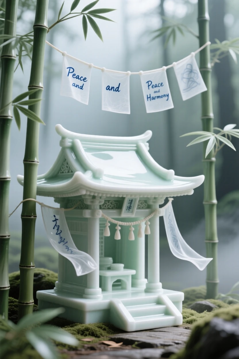 A serene forest shrine nestled in a misty bamboo forest, prayer flags fluttering gently in the breeze.