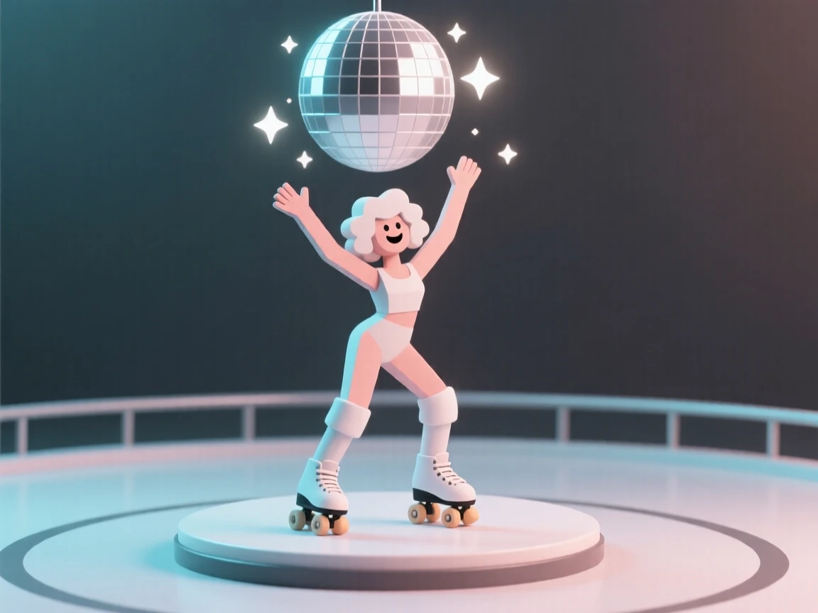 A cheerful 1980s roller disco dancer spins under a sparkling disco ball, arms raised with joyful energy.