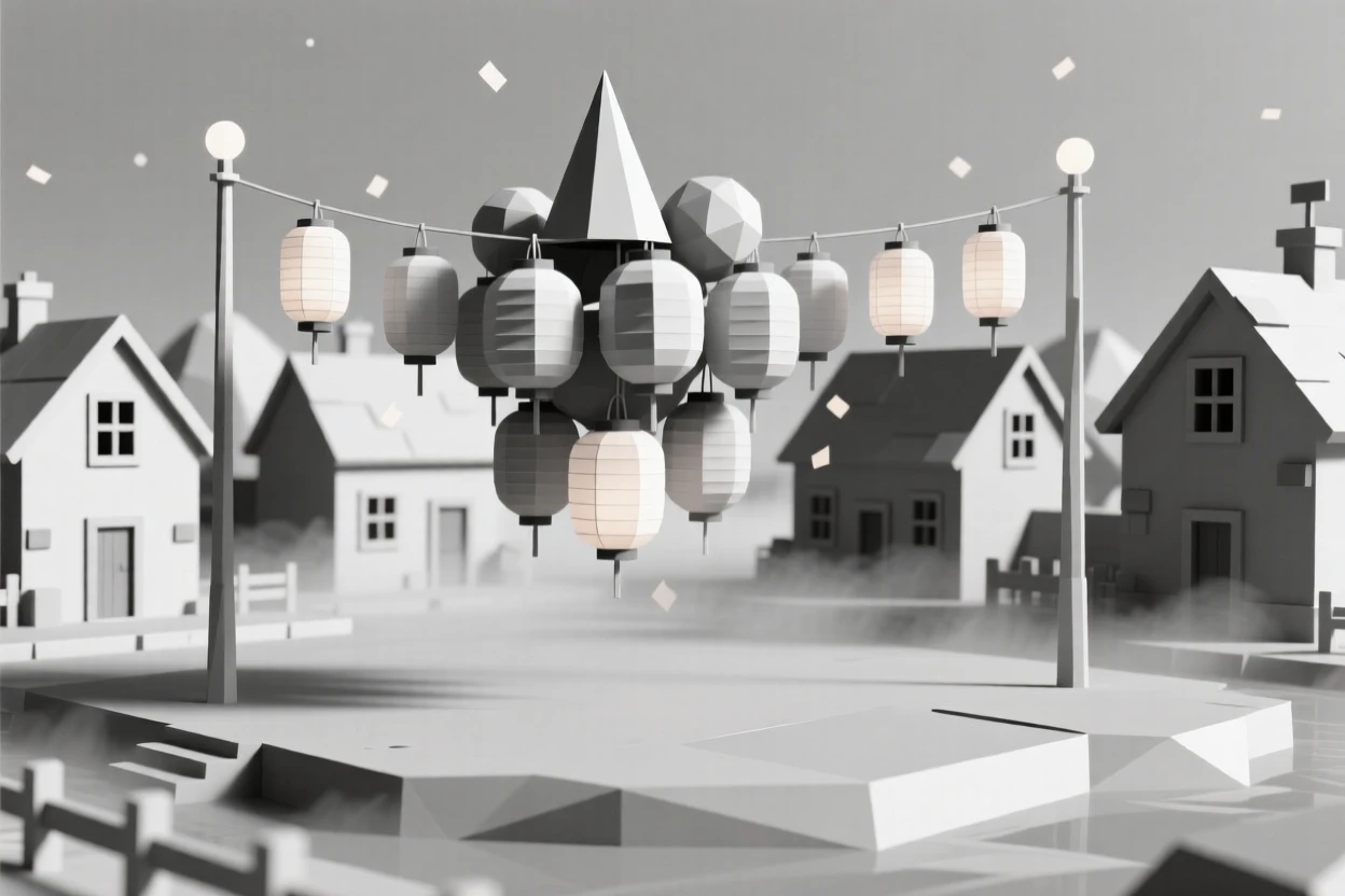 A lantern festival with hundreds of glowing paper lanterns, as morning mist clears over a festive village. the composition centers on the main celebratory focal point. The scene feels warm and celebratory.