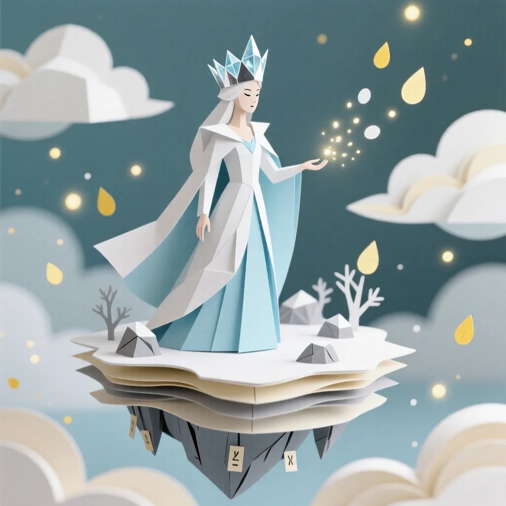A crowned ice queen exploring a floating island in the clouds, with glowing particles floating like fireflies, evoking ancient power and mystery.