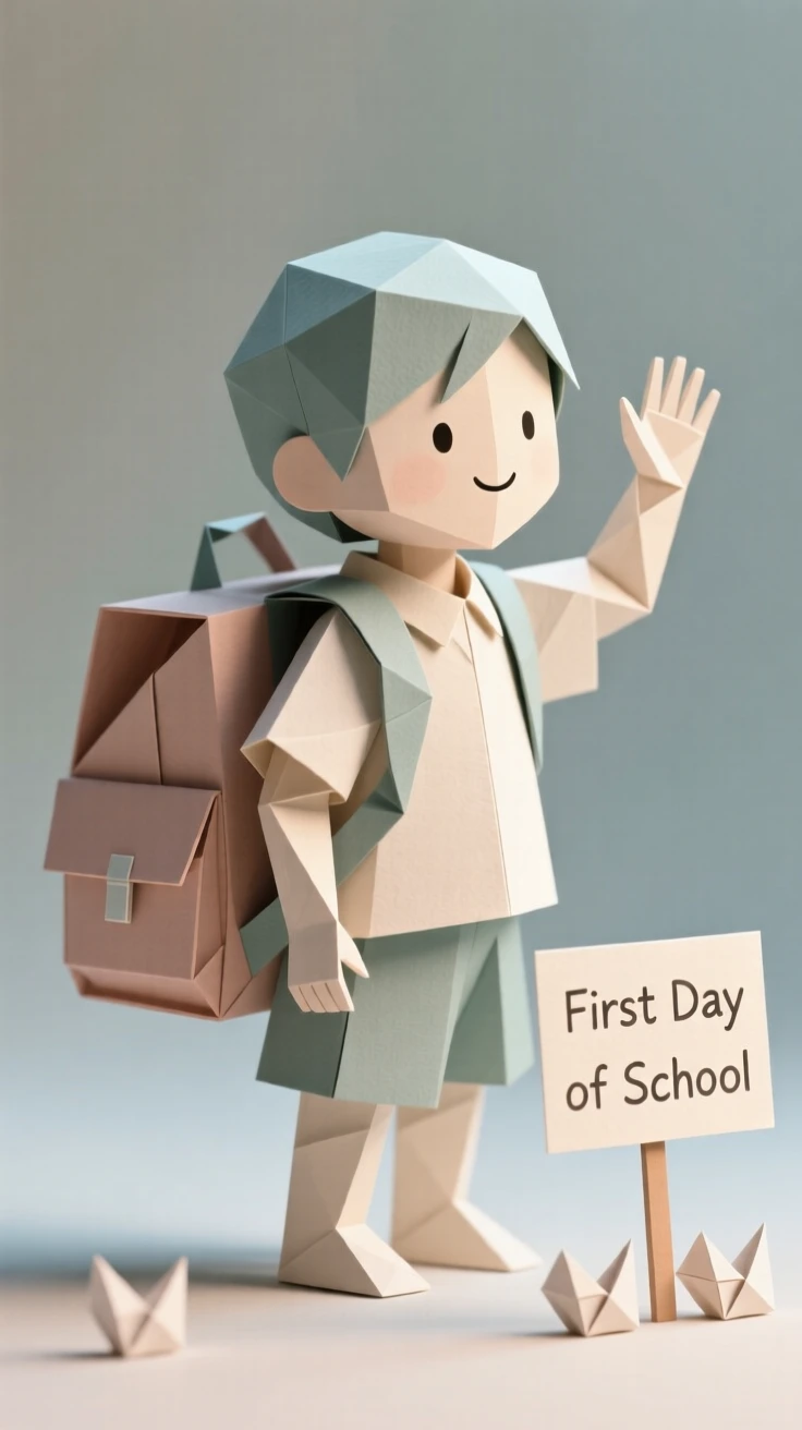 A child's first day of school, backpack nearly as big as themselves, waving goodbye.