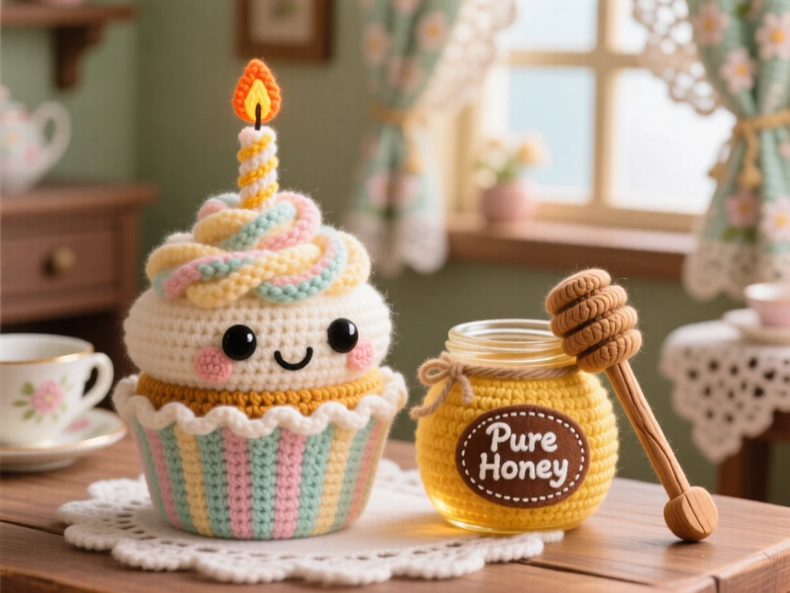 A delightful still-life of a happy birthday cupcake with a candle wearing a tiny paper wrapper, waiting to be blown out within a charming tea room with lace curtains; a small jar of honey with a wooden dipper nearby, full of bright, appetizing cheerfulness.