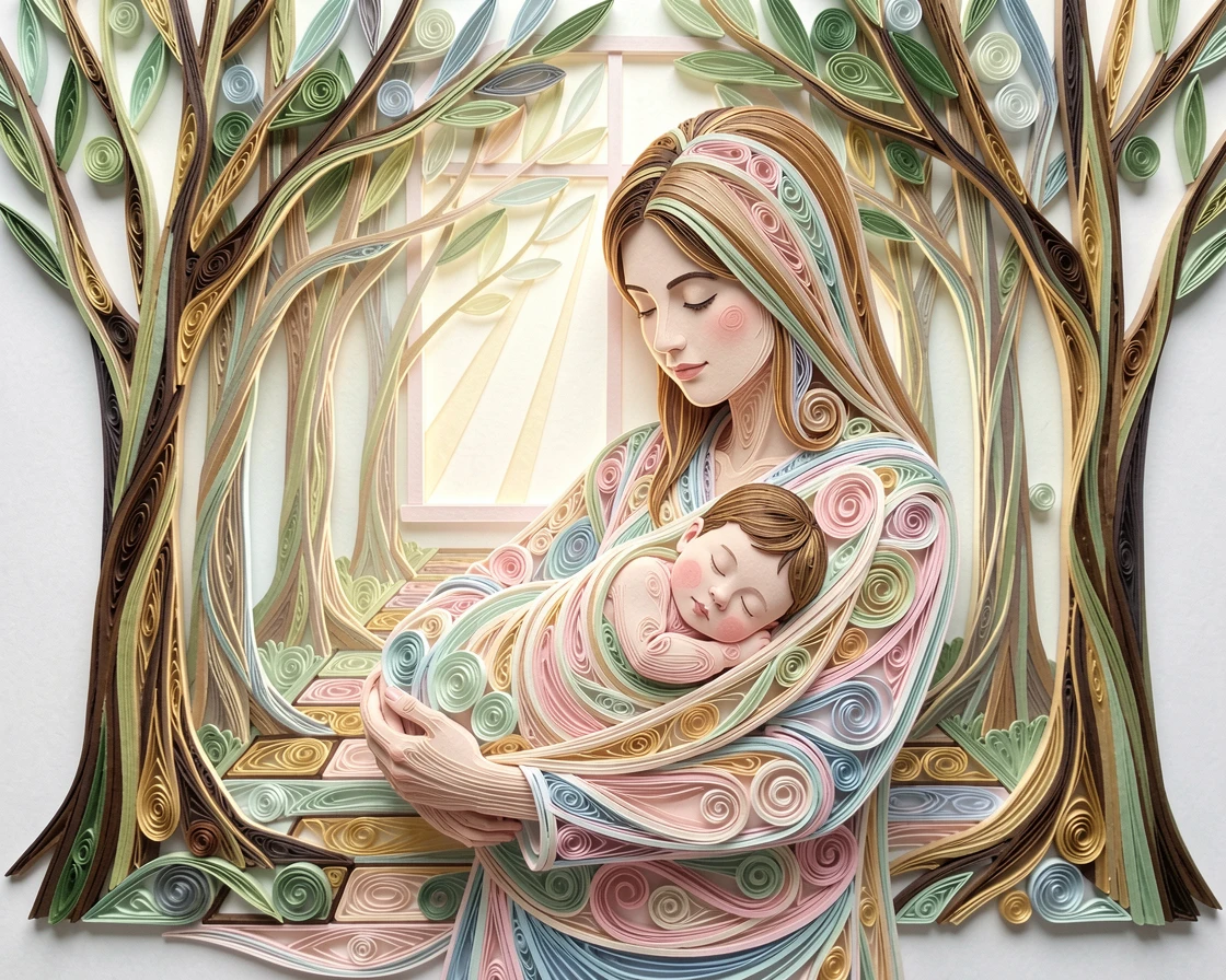 a newborn baby sleeping peacefully in a parent's arms, on a tree-lined path in a city park, framed with soft natural light streaming through a window, in tender pastel morning light.