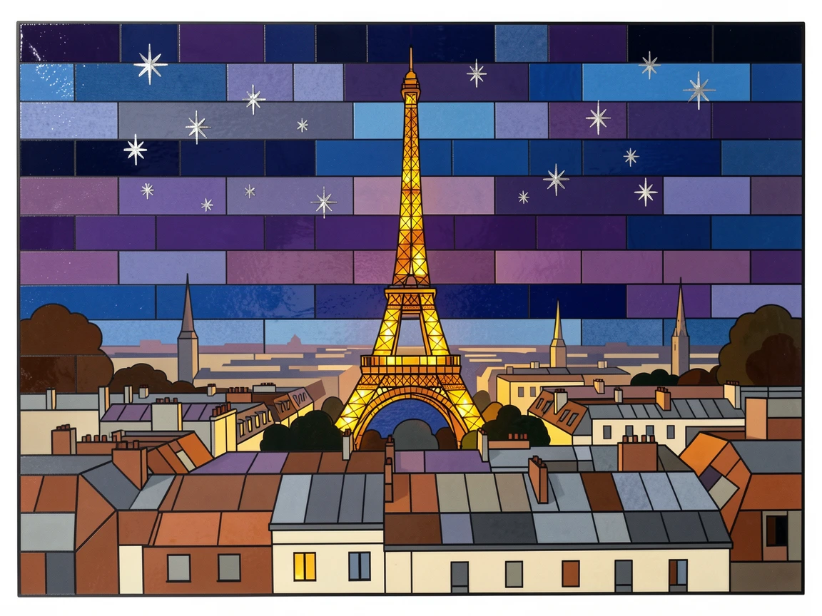 The eiffel tower glowing at twilight above the rooftops of paris, viewed from a dramatic elevated vantage point.