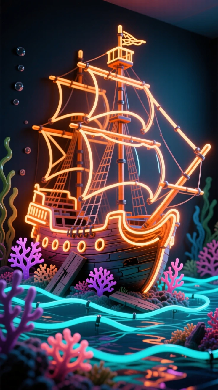 A sunken pirate ship resting on the ocean floor covered in coral.