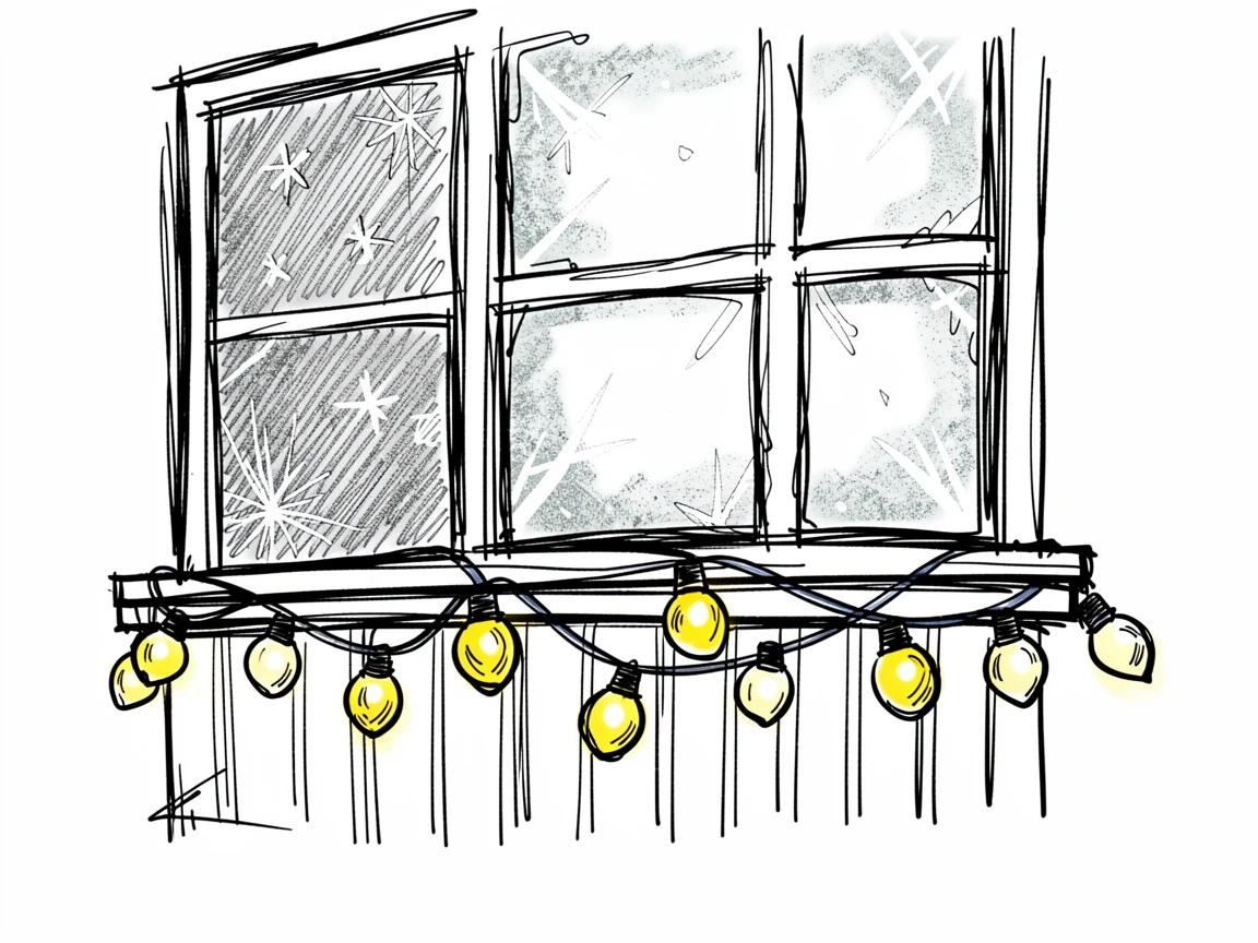A string of twinkling holiday lights on a porch beside a frosty windowpane.