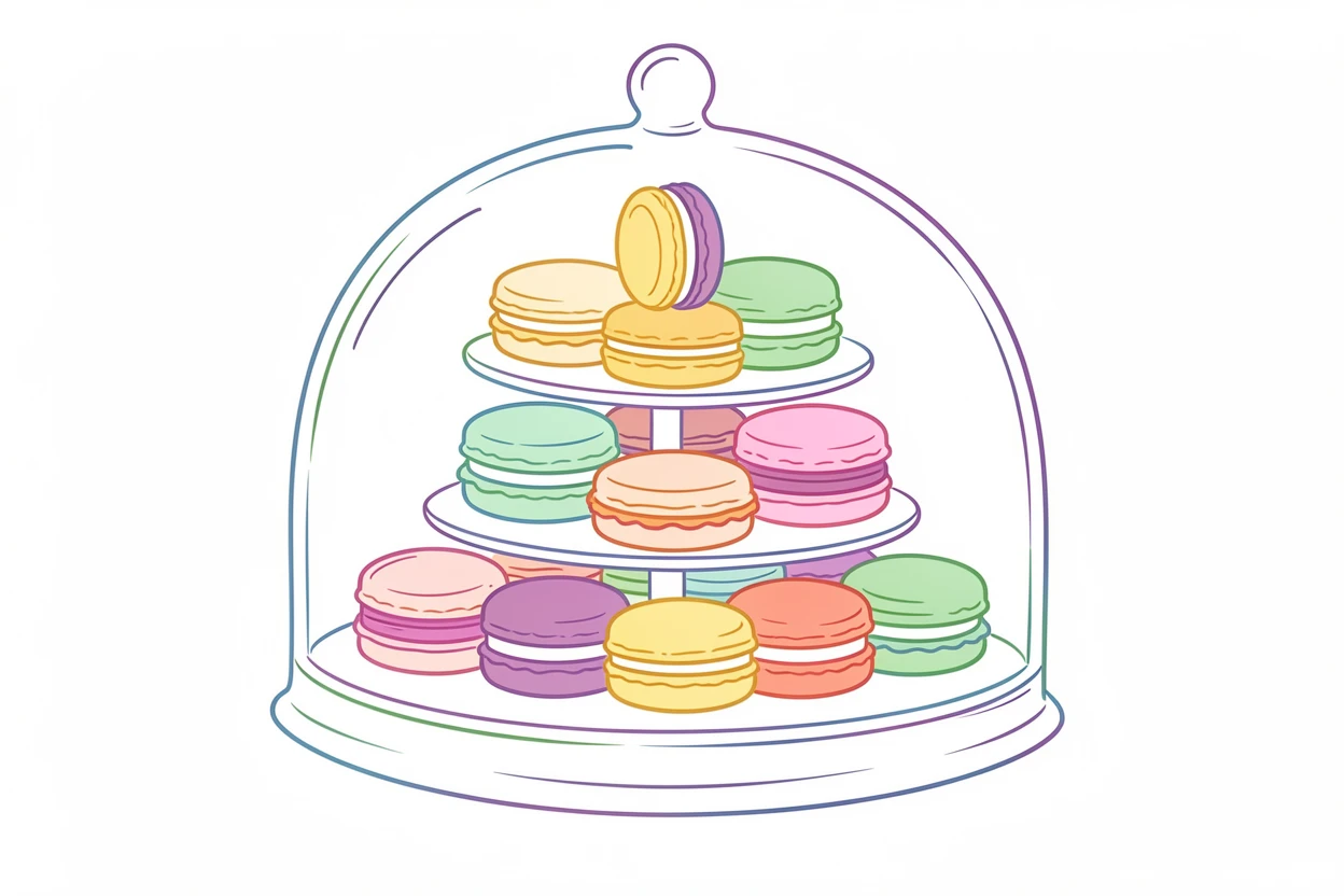 A stack of colorful macarons arranged in a delicate pastry display case.