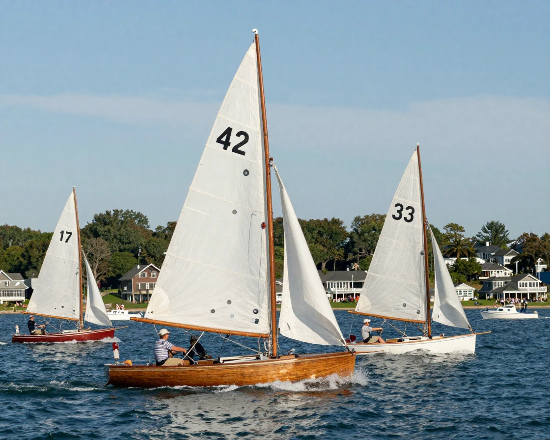 A vintage sailboat regatta racing across a bay