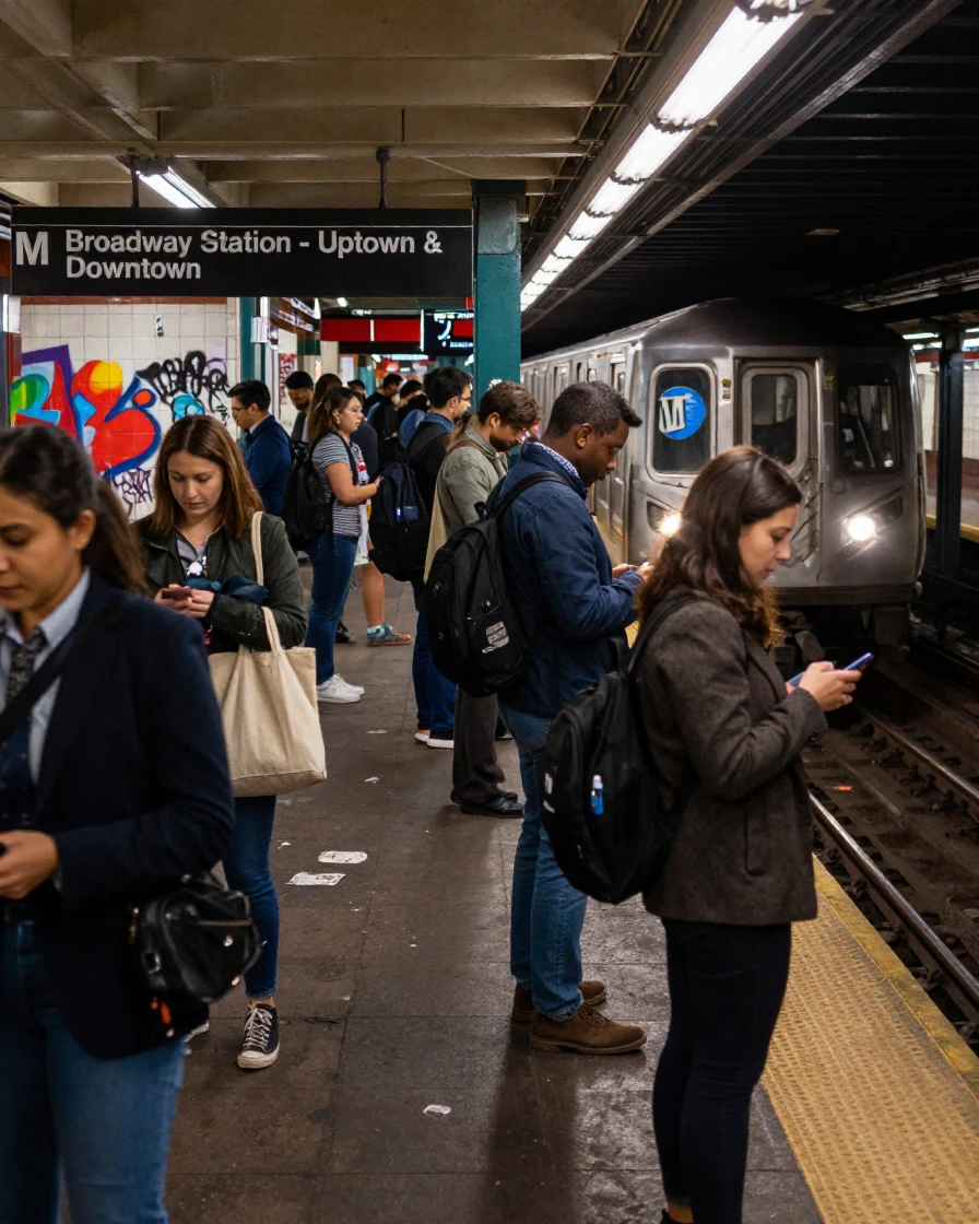 A crowd of commuters packs onto a subway platform as a train pulls in.