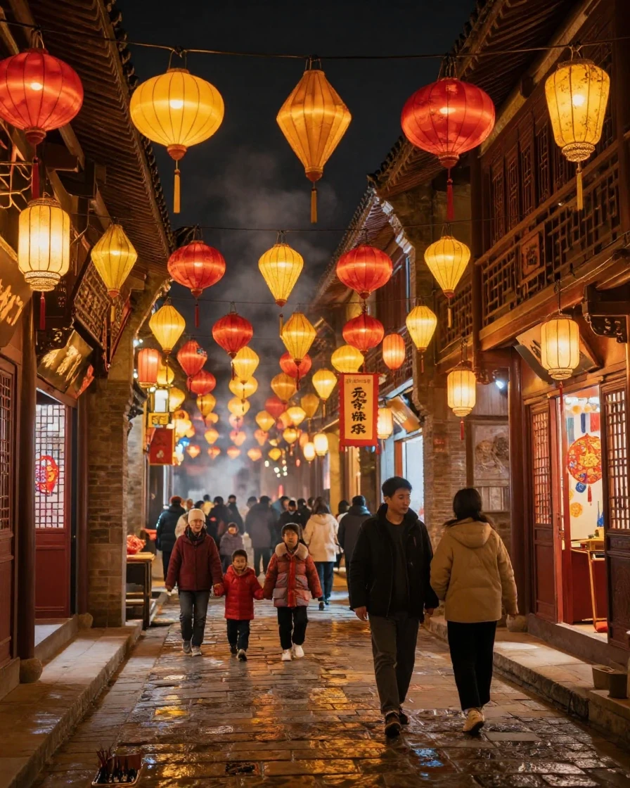A traditional Chinese lantern festival lighting up an ancient city street