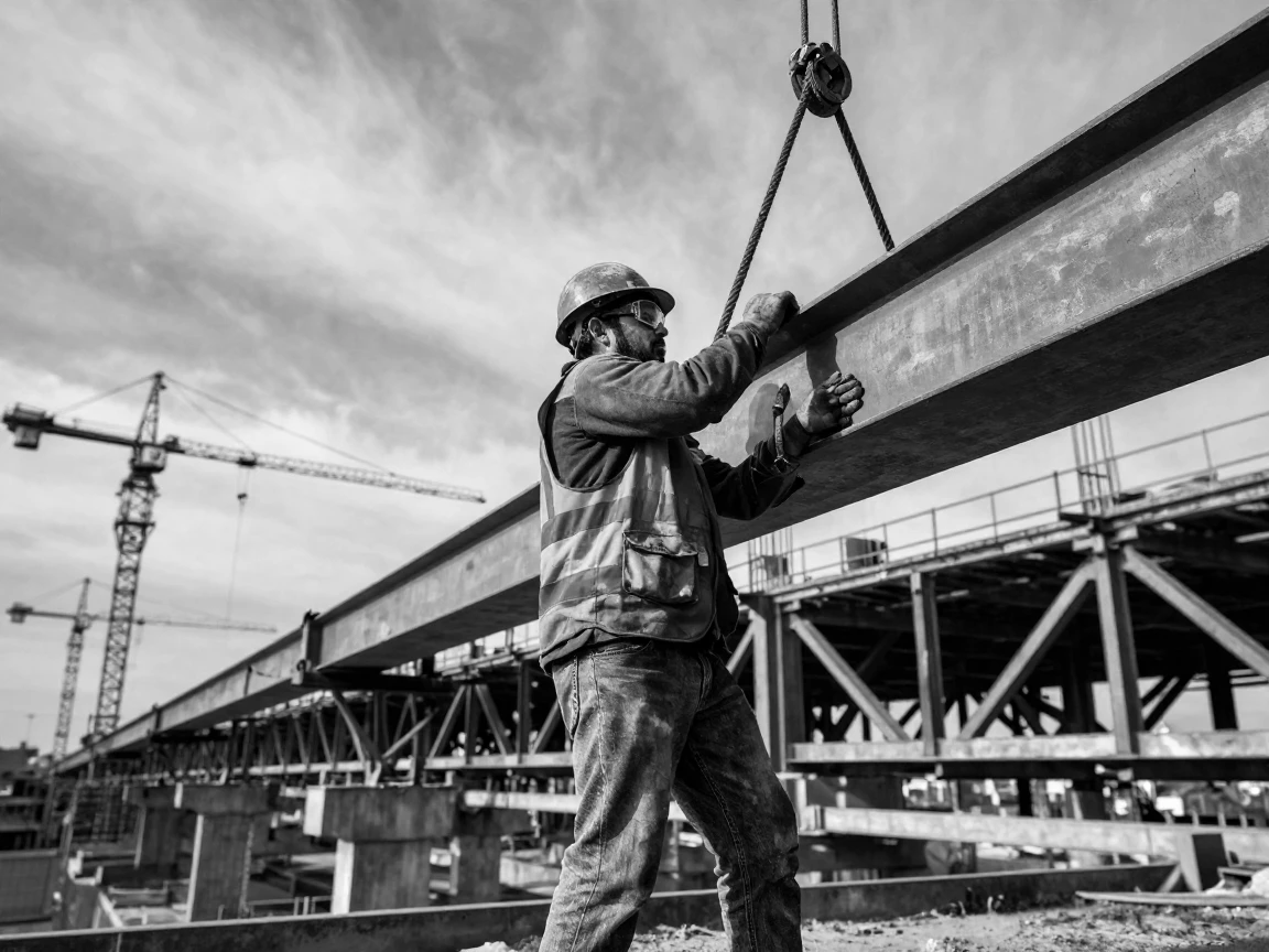 A construction worker guides a steel beam into place on a half-built bridge.