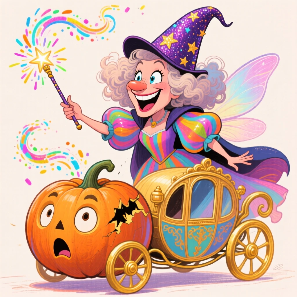 A fairy godmother waving a sparkling wand over a pumpkin that's turning into a carriage.