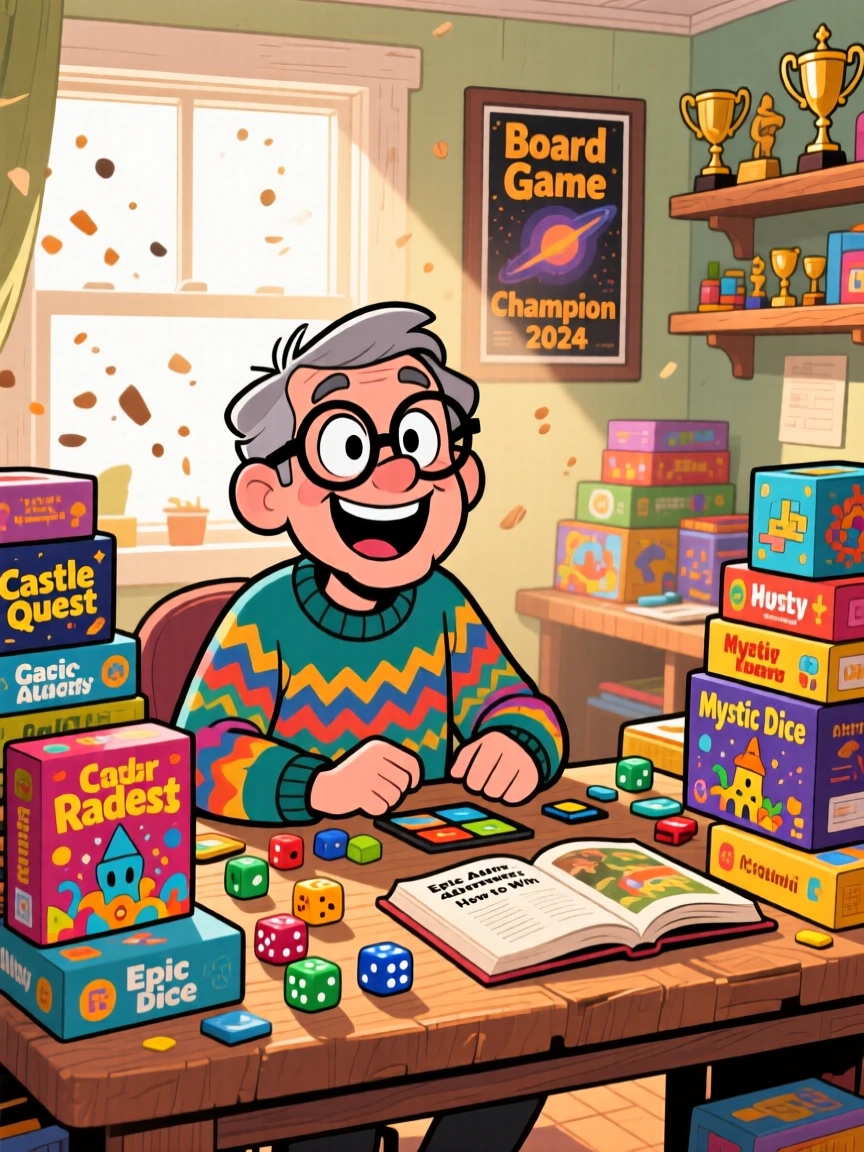 An everyday-life snapshot of an eager board game collector, completely absorbed in the middle of their favorite hobby, in a cozy sunlit workshop.