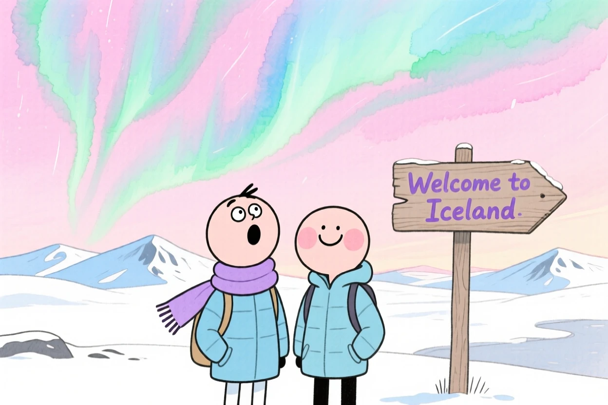 A dreamy travel postcard scene of the Northern Lights over a snowy Icelandic landscape at soft pink dawn